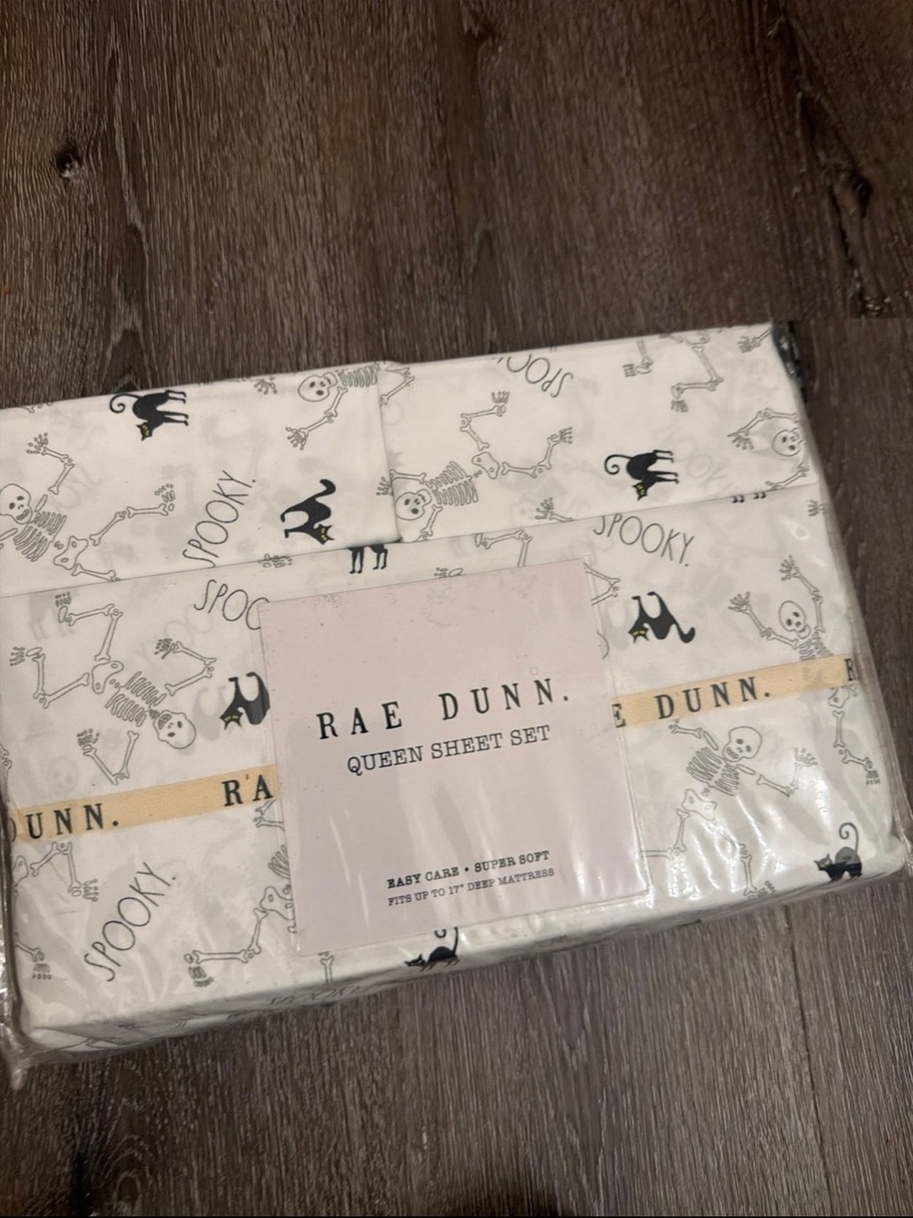 Rae Dunn White Queen Sheet Set with Black Spooky Skeleton & Cat Print